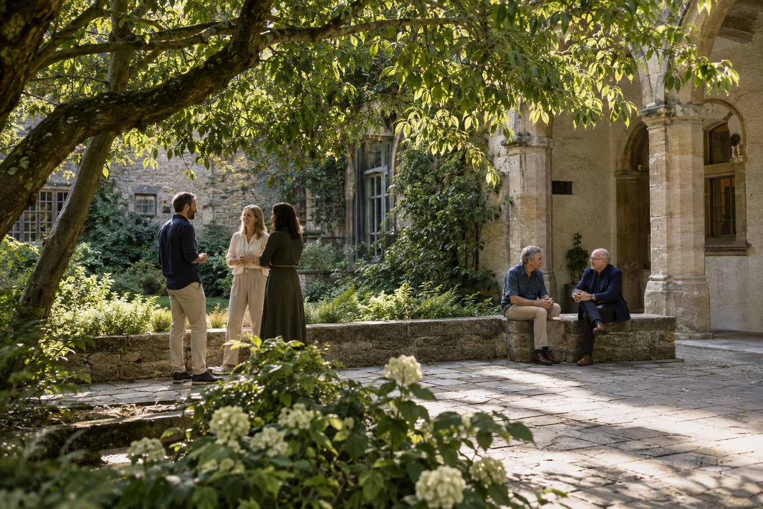 People taking time to talk in a leafy, sunlit courtyard