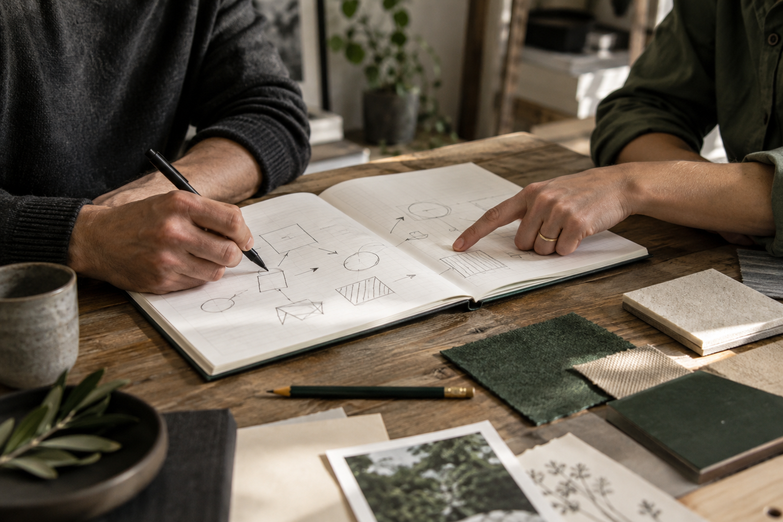 Two people sketching a work process together in a notebook