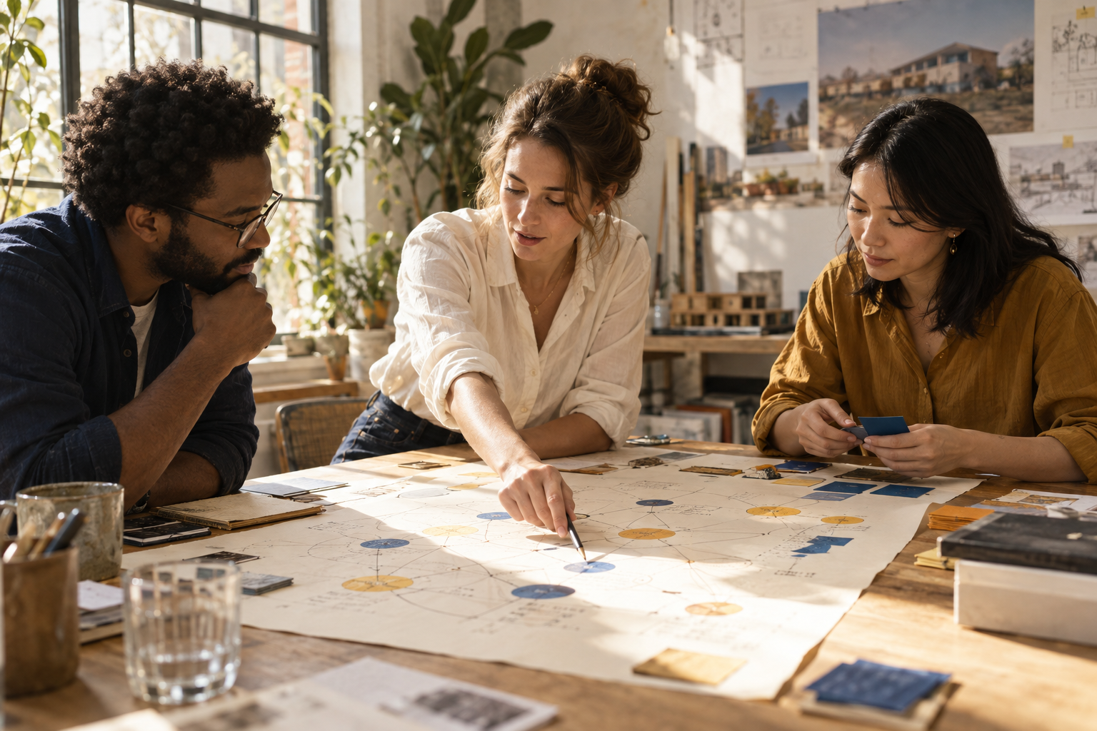 Three colleagues mapping work together around a sunlit table